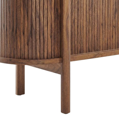 Curved TV Stand in Brown, Rubberwood Solids, Walnut Veneers, Stylish Storage
