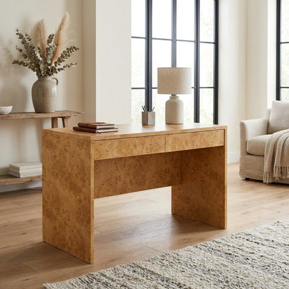 Burl Wood Desk with Two Drawers and Spacious Surface for Home Office