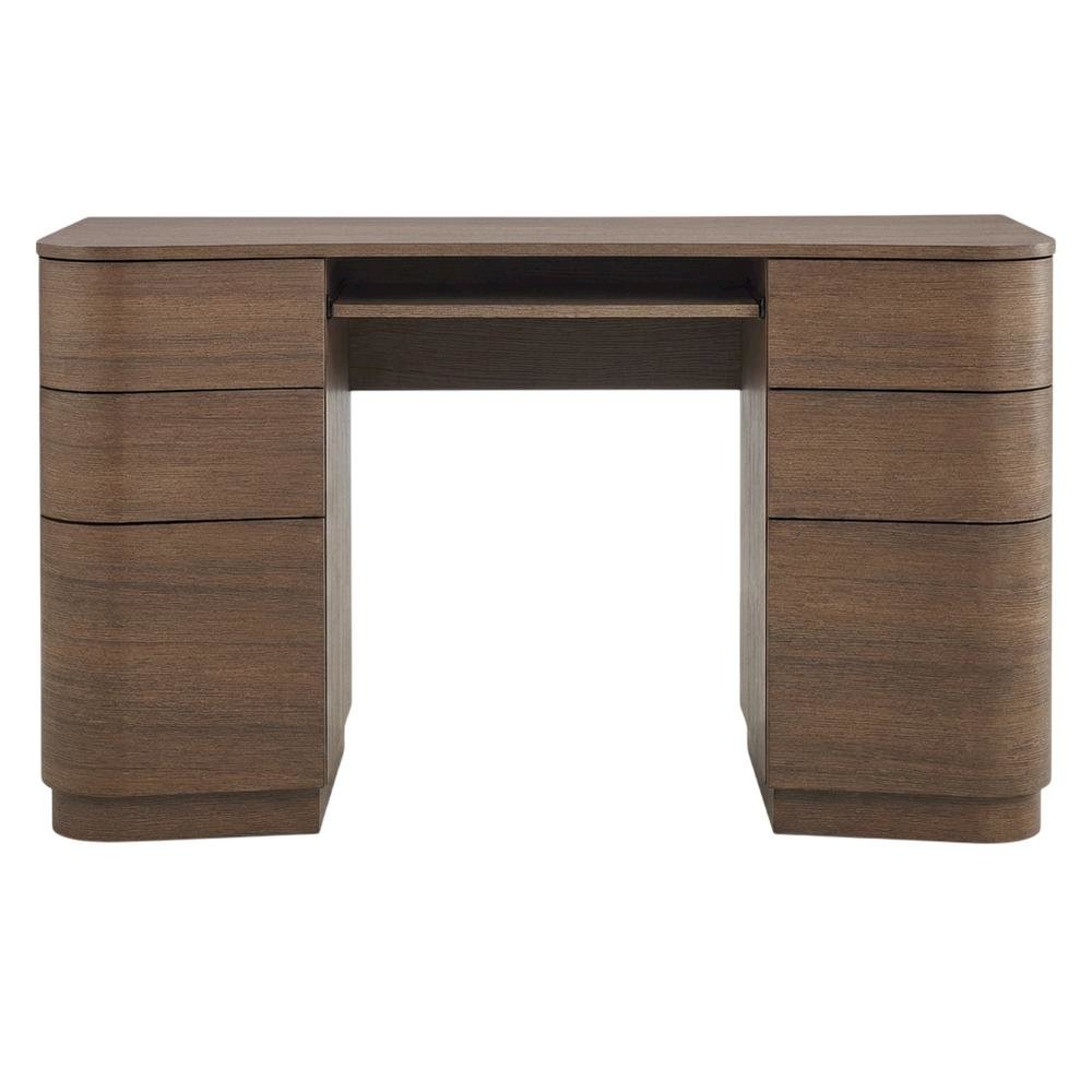 Dark Brown Curved Office Desk with 6 Drawers and Keyboard Shelf