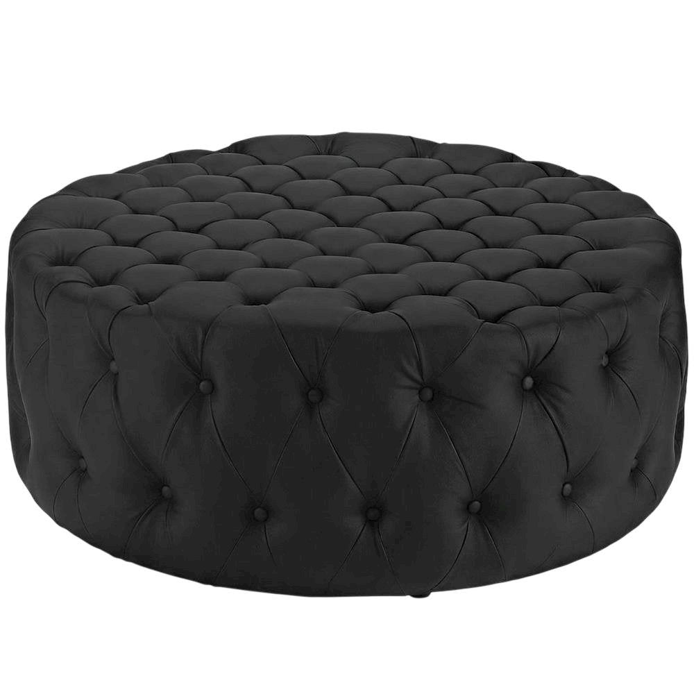 Black Vinyl Ottoman, Contemporary Upholstered Seat for Lounge