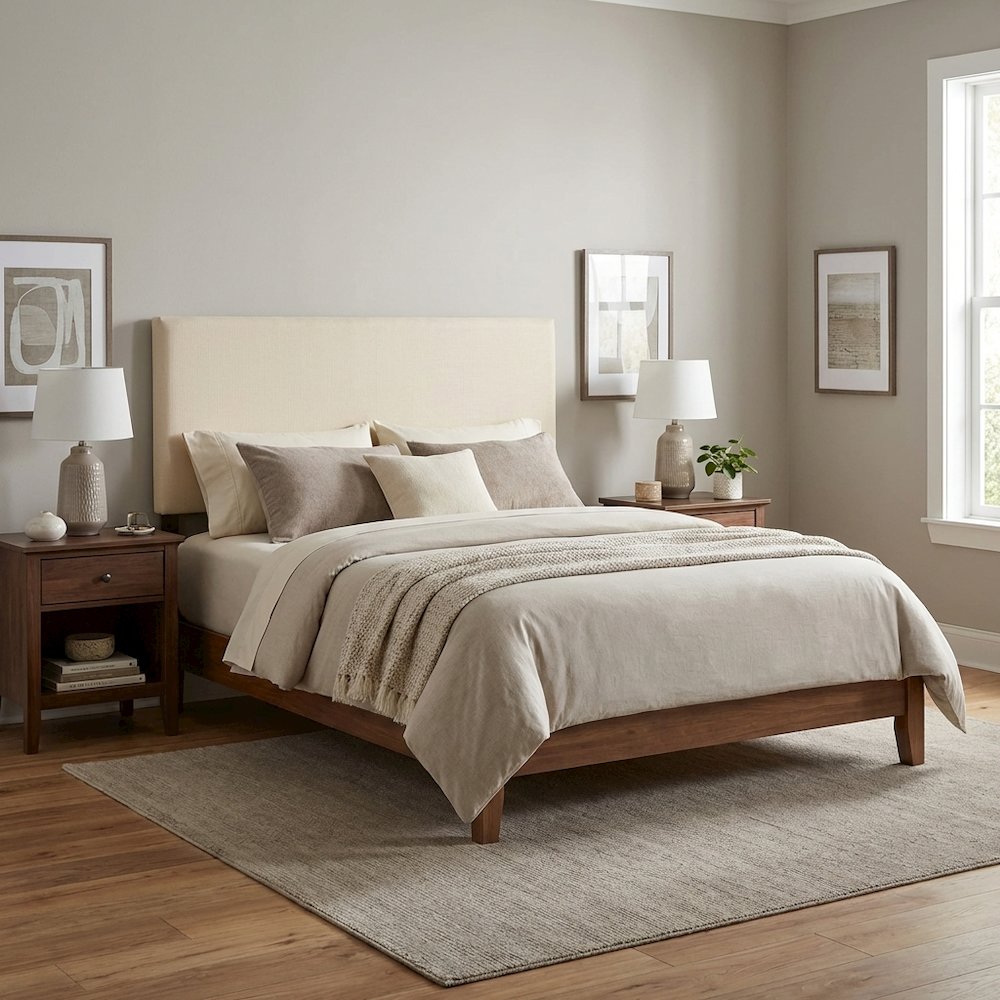 Upholstered Queen Headboard in Neutral Fabric, Durable Frame, Stylish Design