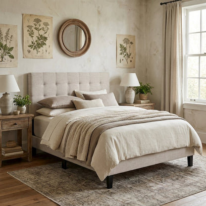 Tufted Upholstered Headboard in Linen Fabric, Elegant Design for King Bed