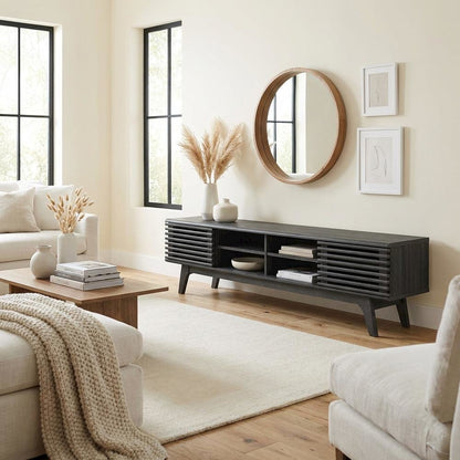 Gray wood entertainment center with spacious TV stand and sleek design