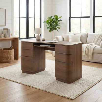 Dark Brown Curved Office Desk with 6 Drawers and Keyboard Shelf