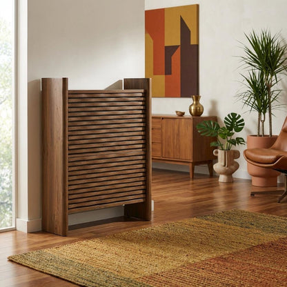 Brown Wave Shoe Cabinet, Enclosed Wood Storage, Modern Entryway Design