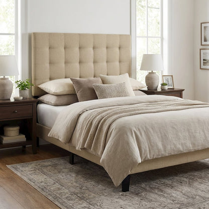 Upholstered Fabric King Headboard in Neutral Tone with Classic Design