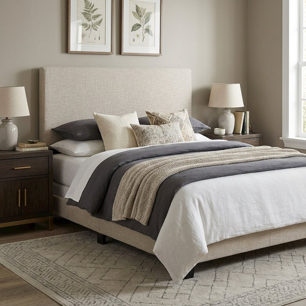 Upholstered Linen Fabric Full Queen Headboard, Padded Design, Sturdy Frame