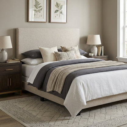 Upholstered Linen Fabric Full Queen Headboard, Padded Design, Sturdy Frame