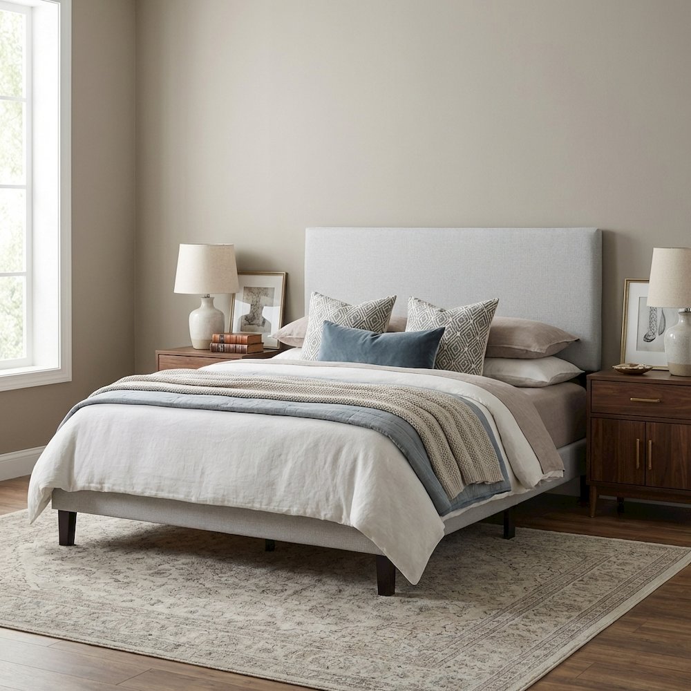 Upholstered Queen Headboard in Neutral Fabric, Durable Frame, Stylish Design