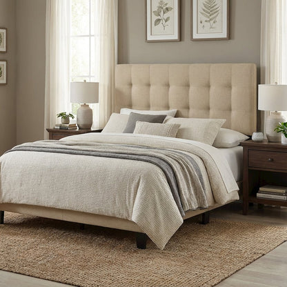 Upholstered Queen Headboard in Neutral Fabric, Padded Design, Stylish Support