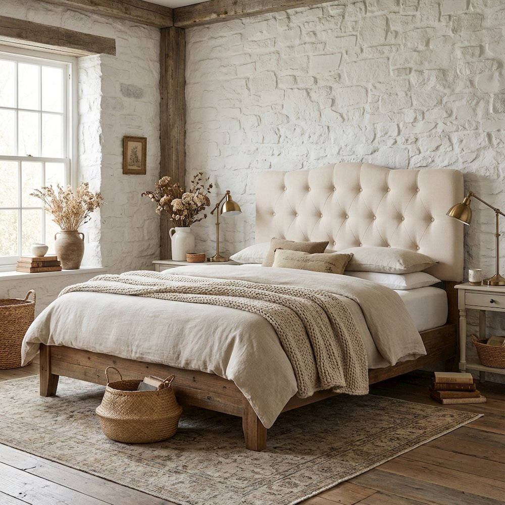 Upholstered Fabric Headboard in Neutral Tone with Plush Padding and Sturdy Frame