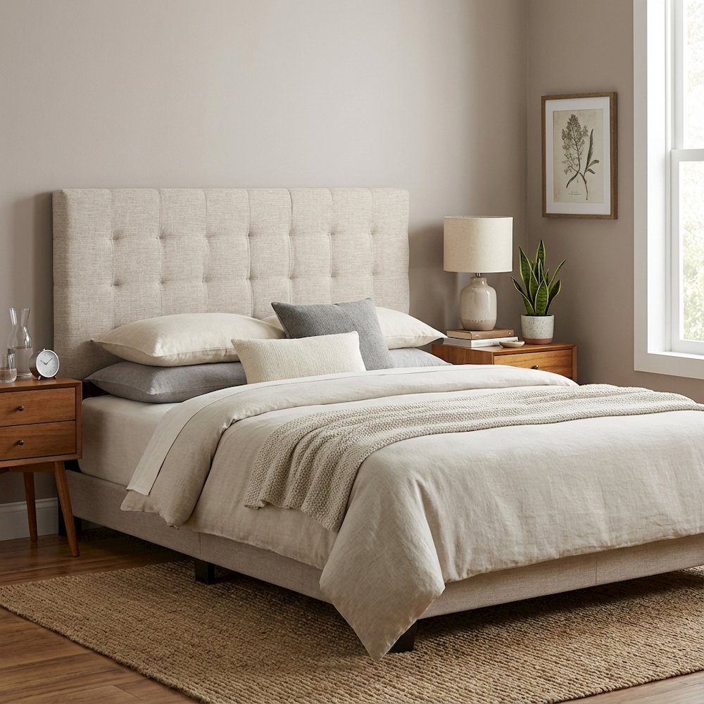 Tufted Upholstered Headboard in Linen Fabric, Elegant Design for King Bed