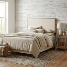 Upholstered Full Headboard, Nailhead Trim in Neutral Fabric for Stylish Bedroom
