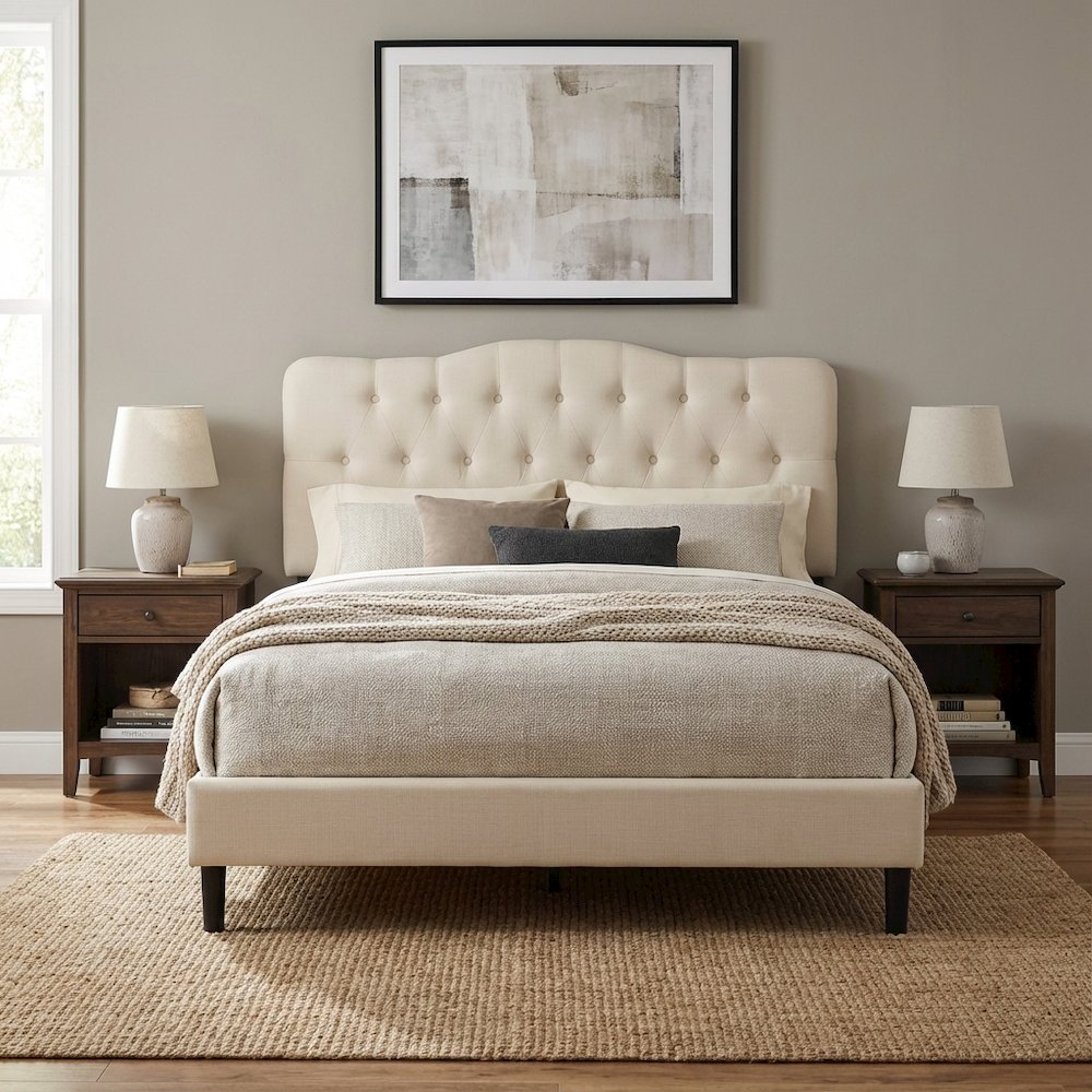 Upholstered Fabric Headboard in Neutral Tone with Plush Padding and Sturdy Frame