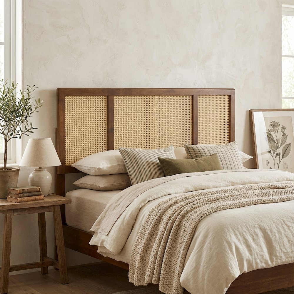 Cane Full Headboard Nature-Inspired Finish Lightweight Single Panel Design
