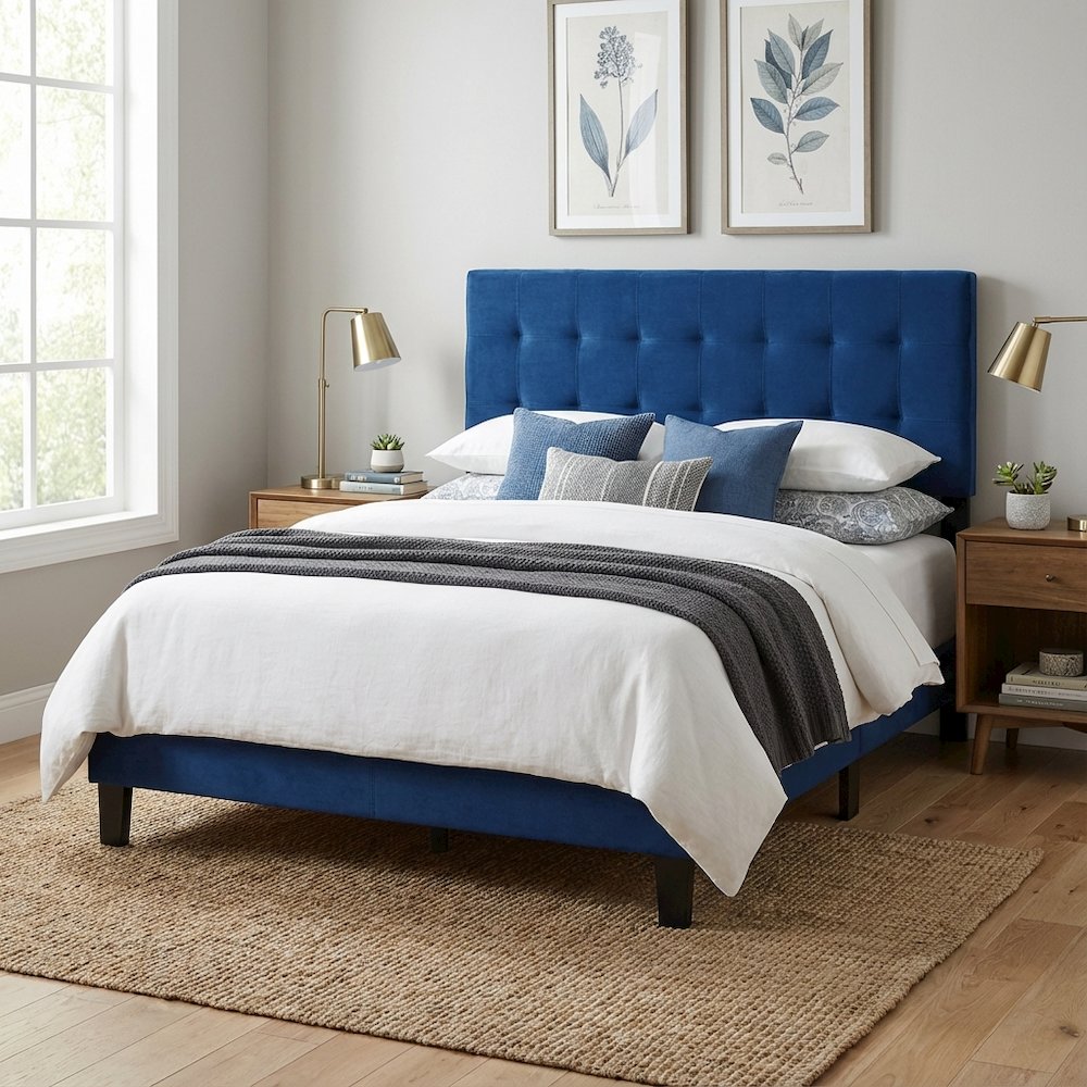 Blue Performance Velvet Headboard, Queen Tufted Design, Durable Upholstery