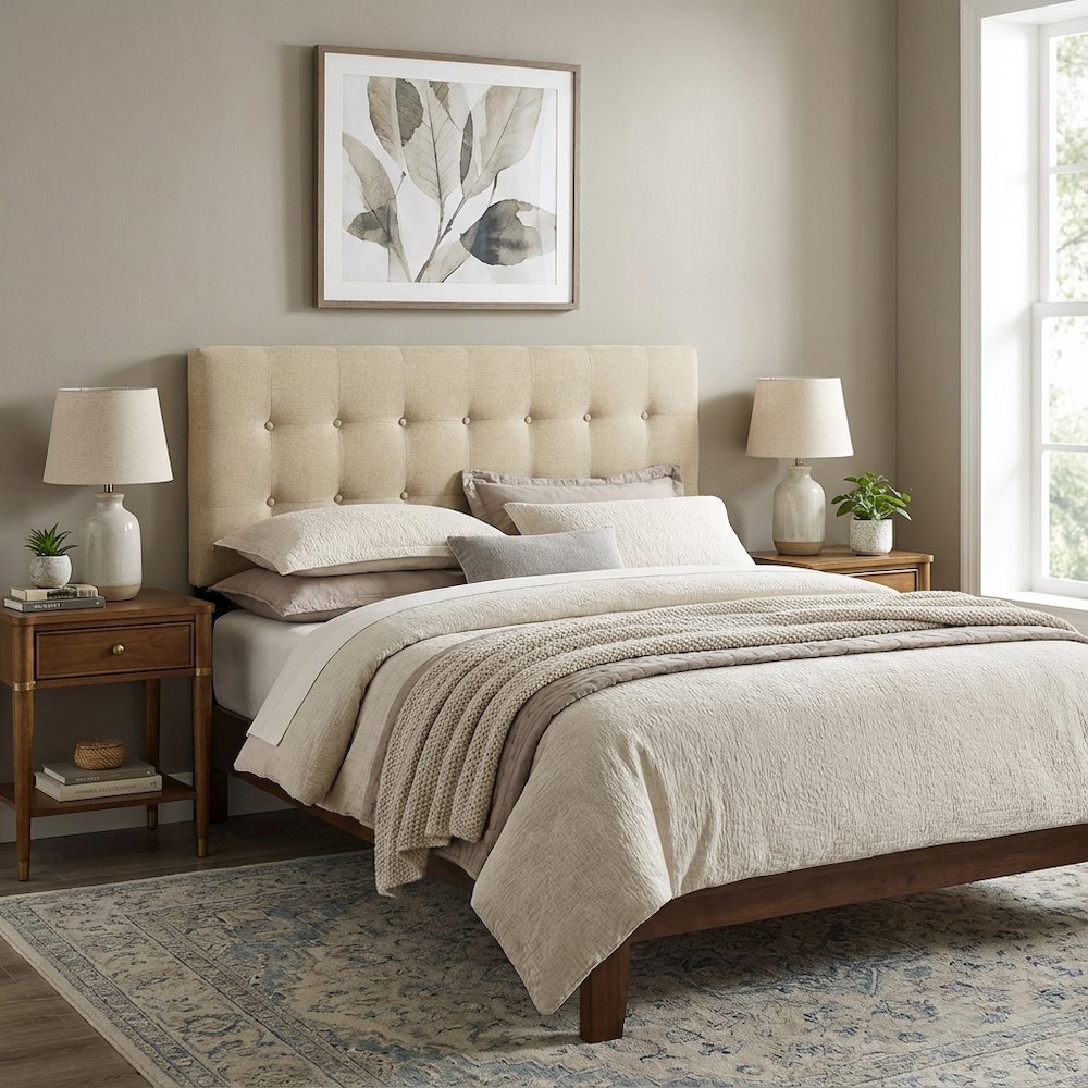 Upholstered Fabric King Headboard in Neutral Tone with Padded Design