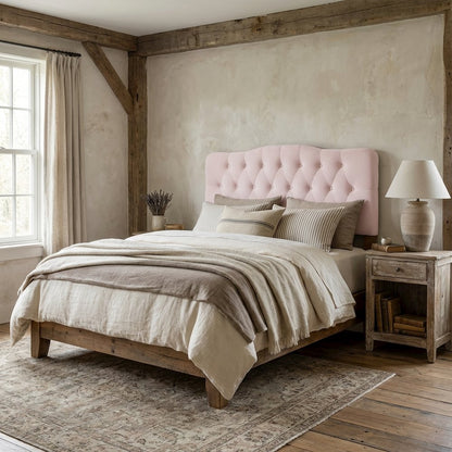 Pink Tufted Velvet Headboard with Diamond Pattern and Plush Padding