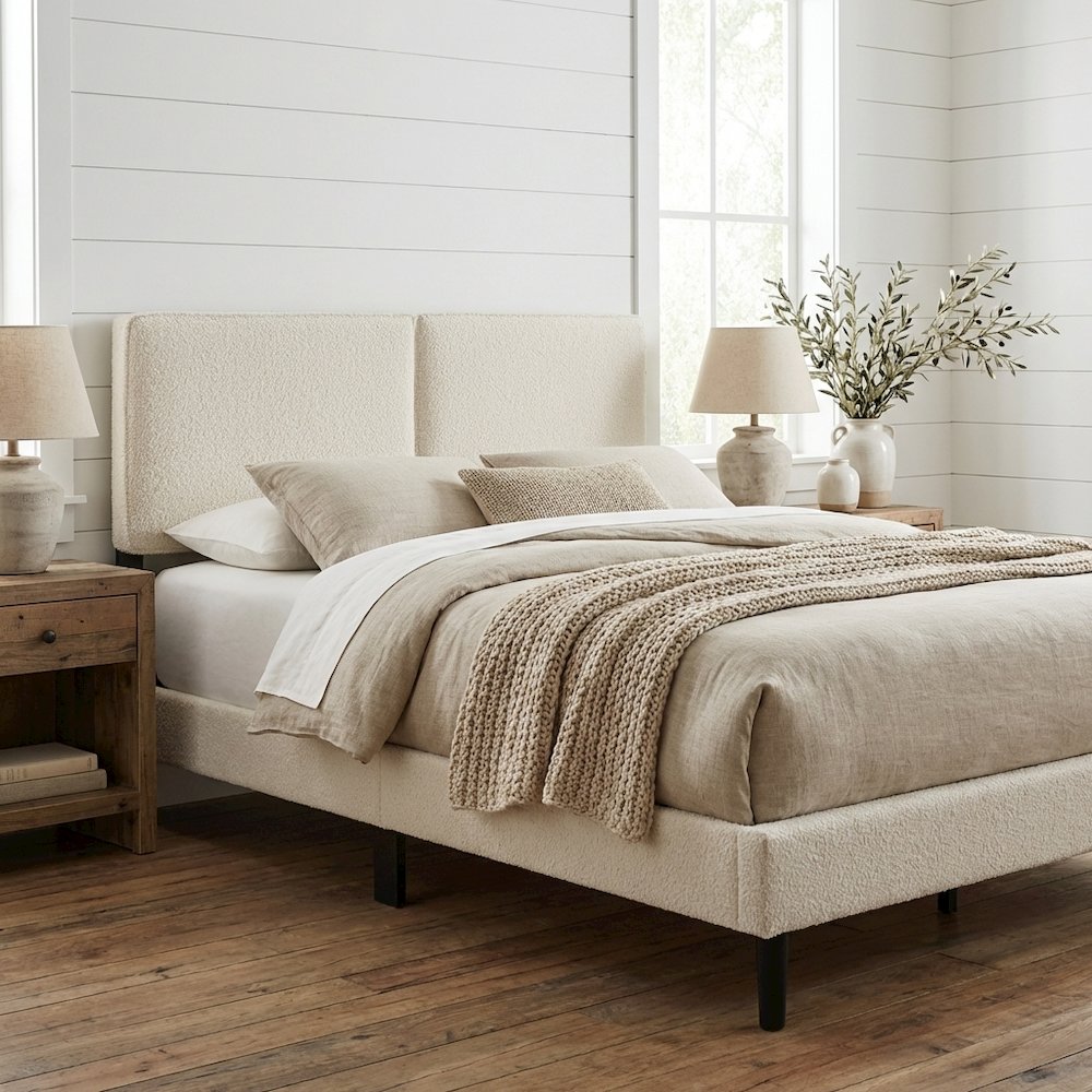 Boucle Fabric Queen Headboard in Neutral Tone, Plush Upholstery, Sturdy Frame