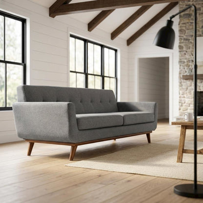 Fabric Mid Century Modern Sofa with Track Arms, Tight Back, Expectation Gray