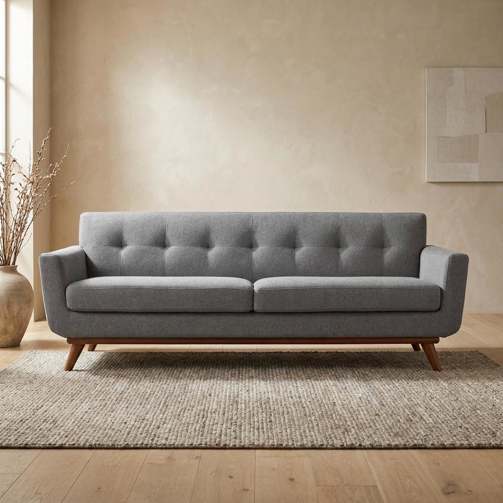 Fabric Mid Century Modern Sofa with Track Arms, Tight Back, Expectation Gray