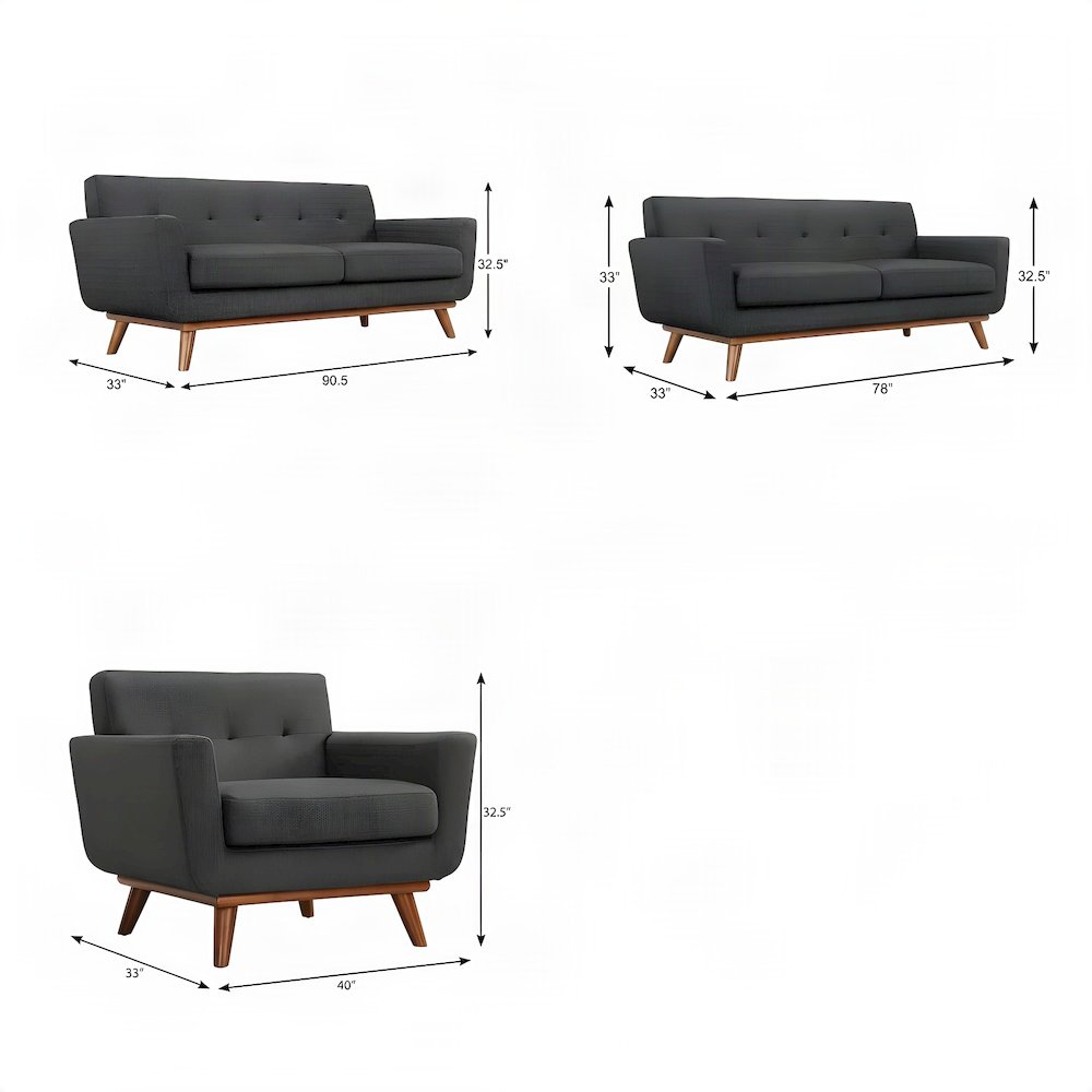 Rubberwood Mid-Century Modern Sofa, Loveseat and Armchair 3 Piece Set, Gray