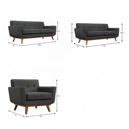 Rubberwood Mid-Century Modern Sofa, Loveseat and Armchair 3 Piece Set, Gray