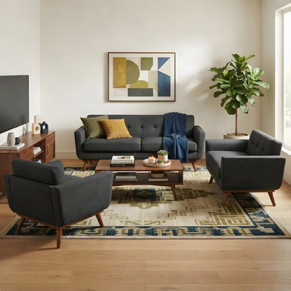 Rubberwood Mid-Century Modern Sofa, Loveseat and Armchair 3 Piece Set, Gray
