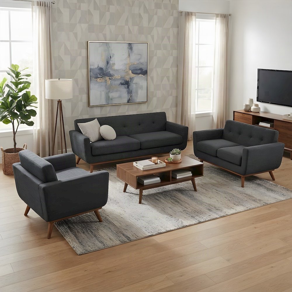 Rubberwood Mid-Century Modern Sofa, Loveseat and Armchair 3 Piece Set, Gray
