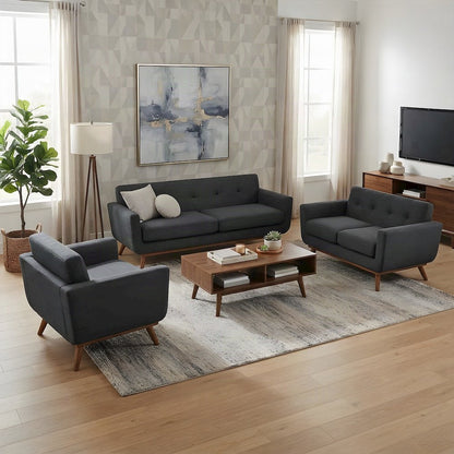 Rubberwood Mid-Century Modern Sofa, Loveseat and Armchair 3 Piece Set, Gray
