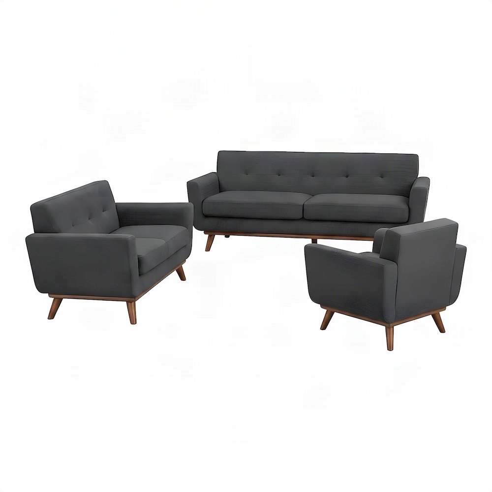 Rubberwood Mid-Century Modern Sofa, Loveseat and Armchair 3 Piece Set, Gray