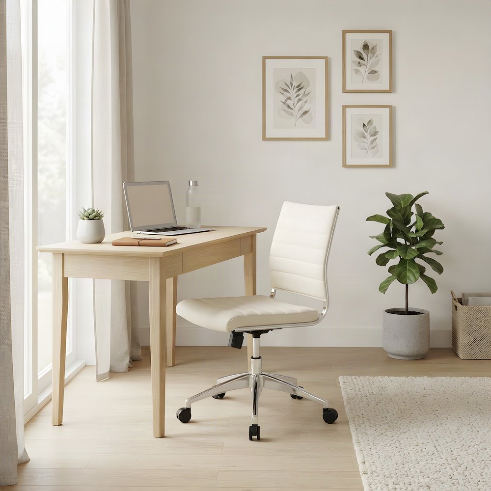 Vinyl Armless Mid-Back Office Chair with Swivel Wheels, White