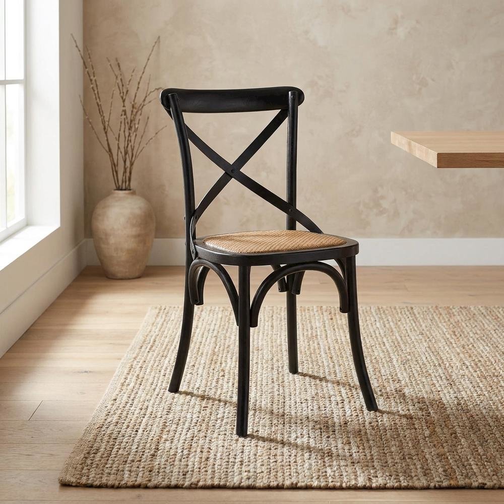 Wood and Rattan Dining Side Chair with Cane Back for Dining Room, Black