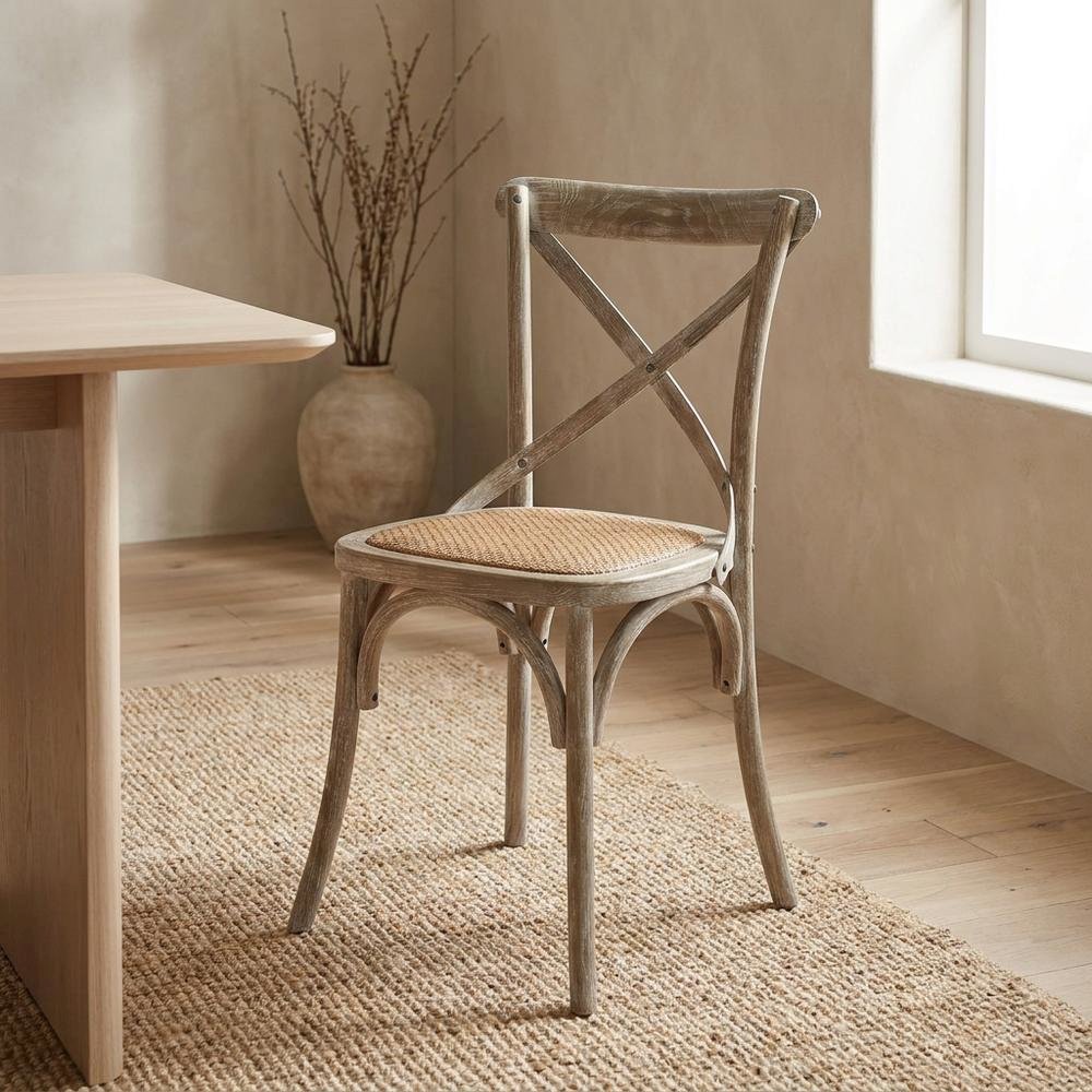 Wood and Rattan Dining Side Chair with Cane Back for Dining Room, Gray