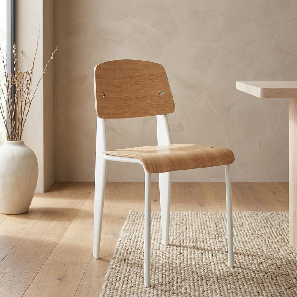 Wooden Dining Side Chair with Slatted Backrest for Dining Room, Natural White