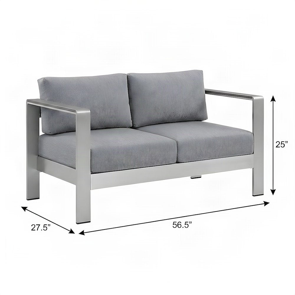 Aluminum Outdoor Loveseat with Thick Cushion for Patio and Porch, Silver Gray