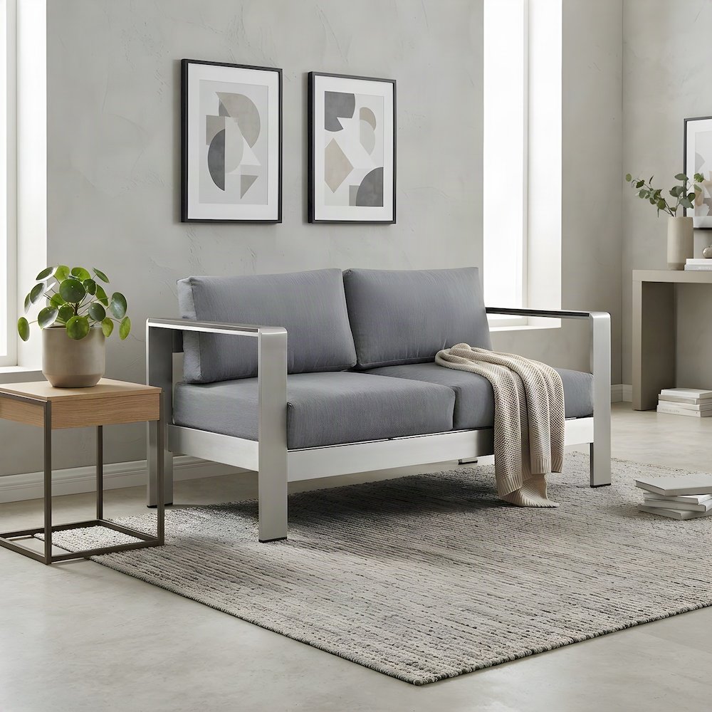 Aluminum Outdoor Loveseat with Thick Cushion for Patio and Porch, Silver Gray