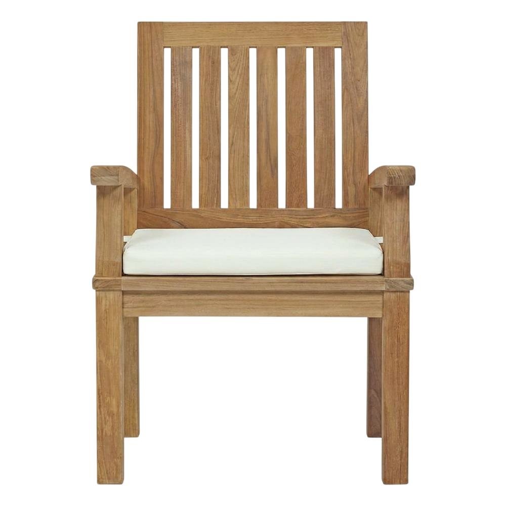 Teak Outdoor Dining Chair with Arms and Cushion for Patio Deck, Natural White