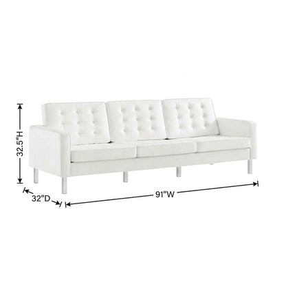 Tufted Vegan Leather Sofa, Faux Leather Couch for Living Room, Silver White