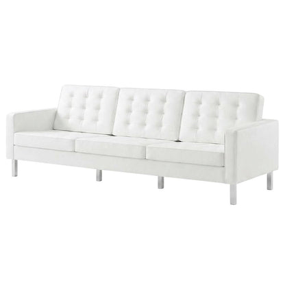 Tufted Vegan Leather Sofa, Faux Leather Couch for Living Room, Silver White