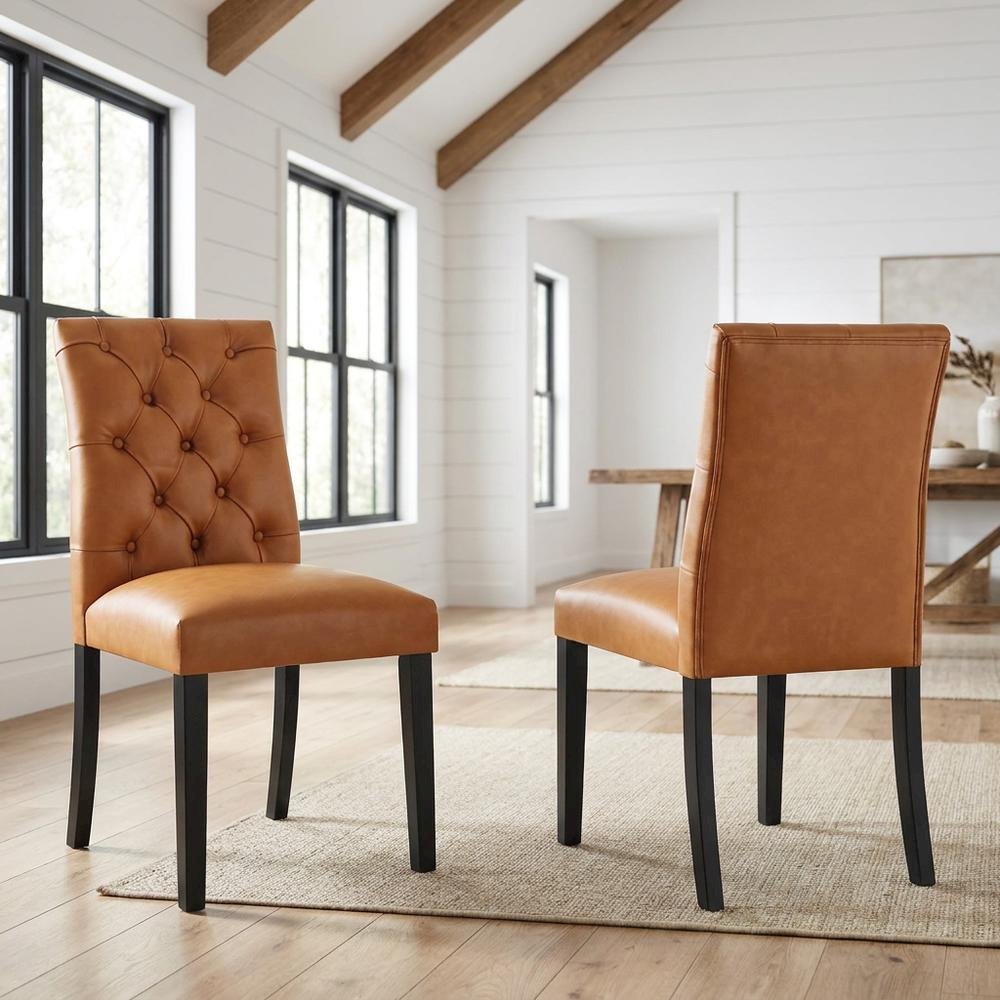 Vinyl-Upholstered Dining Chairs for Kitchen and Dining Room, Tan, Set of 2