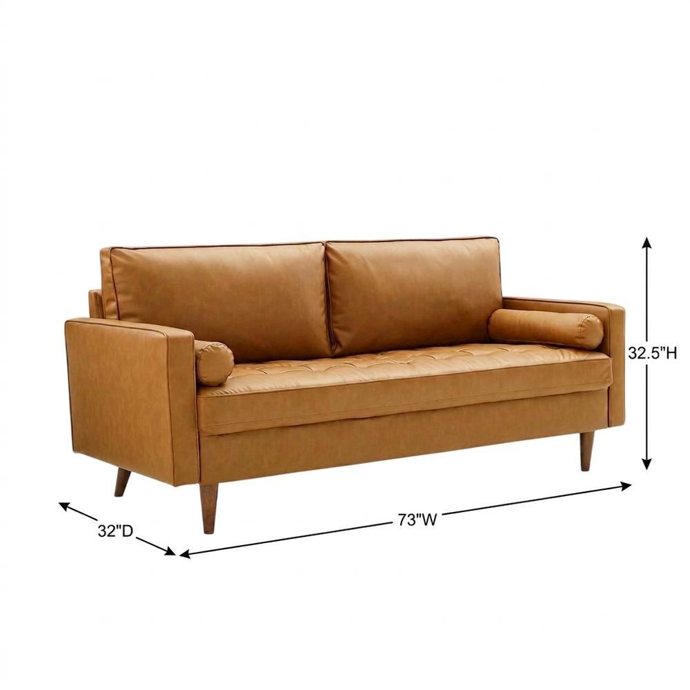 Tufted Vegan Leather Sofa with Track Arms for Living Room, Tan