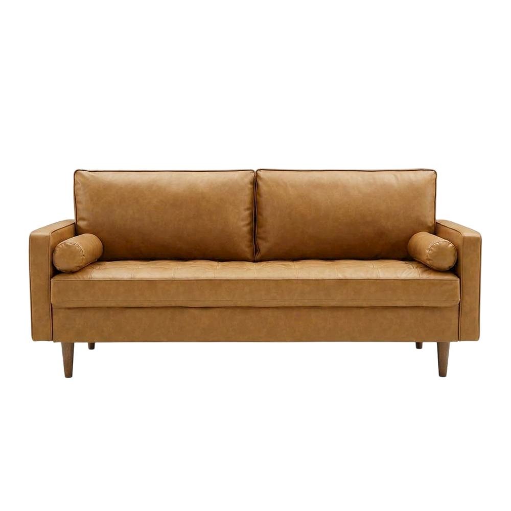 Tufted Vegan Leather Sofa with Track Arms for Living Room, Tan