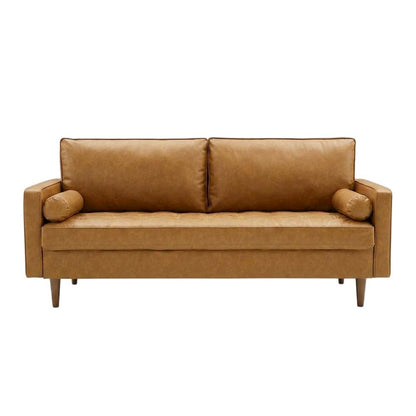 Tufted Vegan Leather Sofa with Track Arms for Living Room, Tan