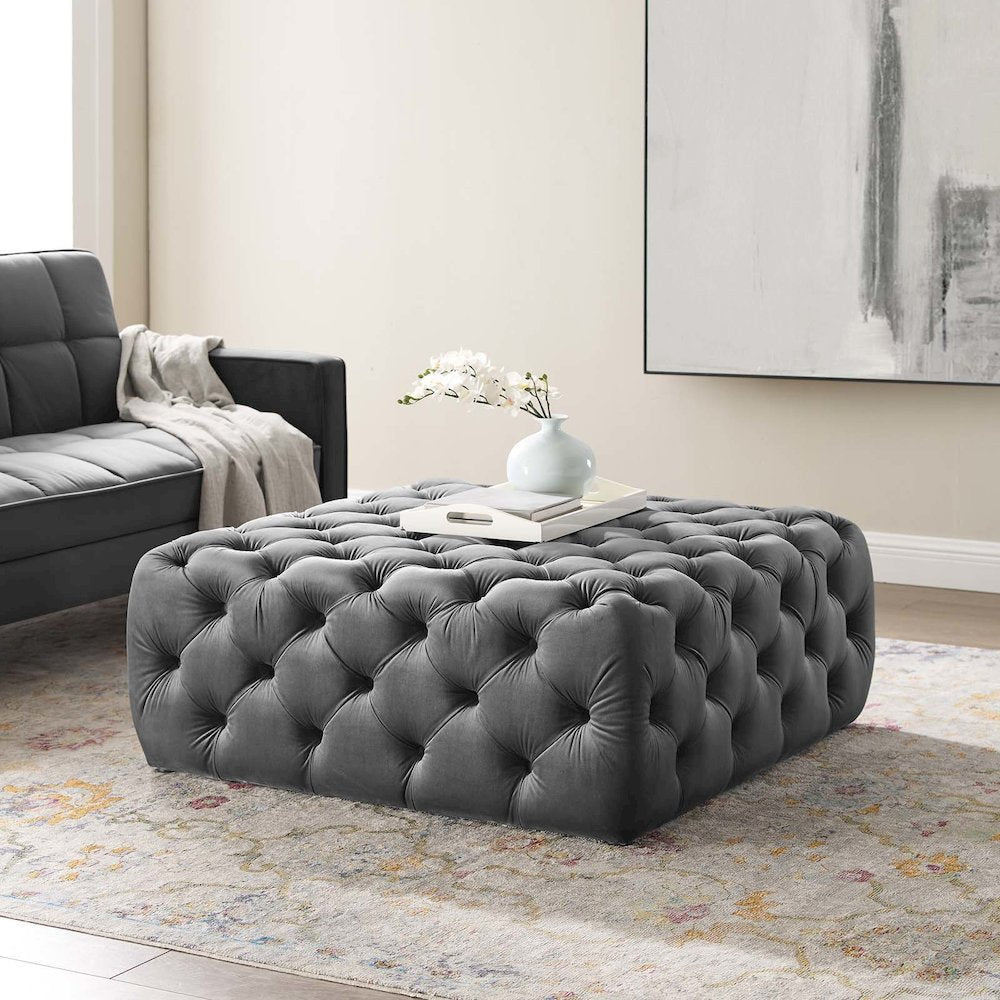 Amour Tufted Button Large Square Performance Velvet Ottoman