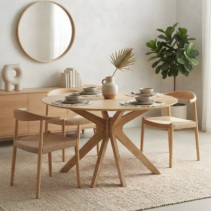 Solid Wood Round Dining Table, Mid-Century Modern Kitchen Table, Oak