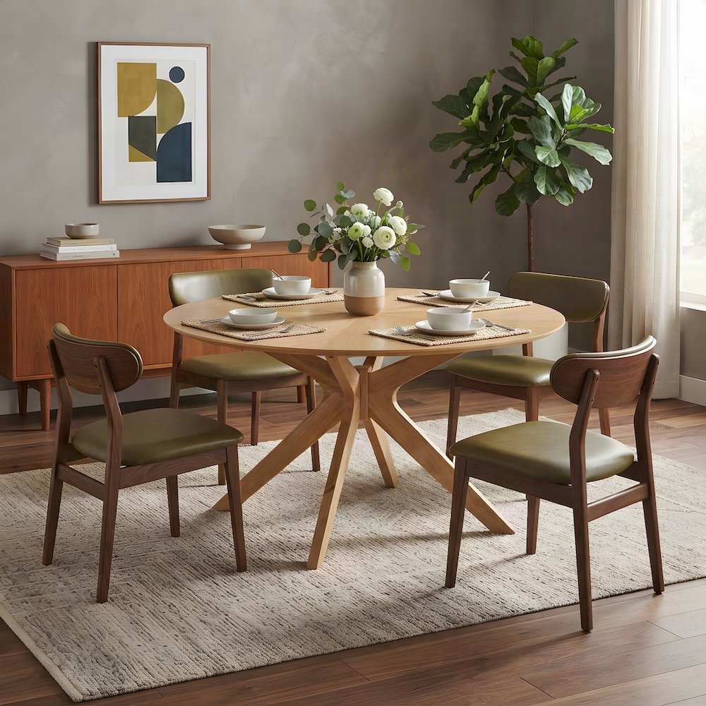 Solid Wood Round Dining Table, Mid-Century Modern Kitchen Table, Oak