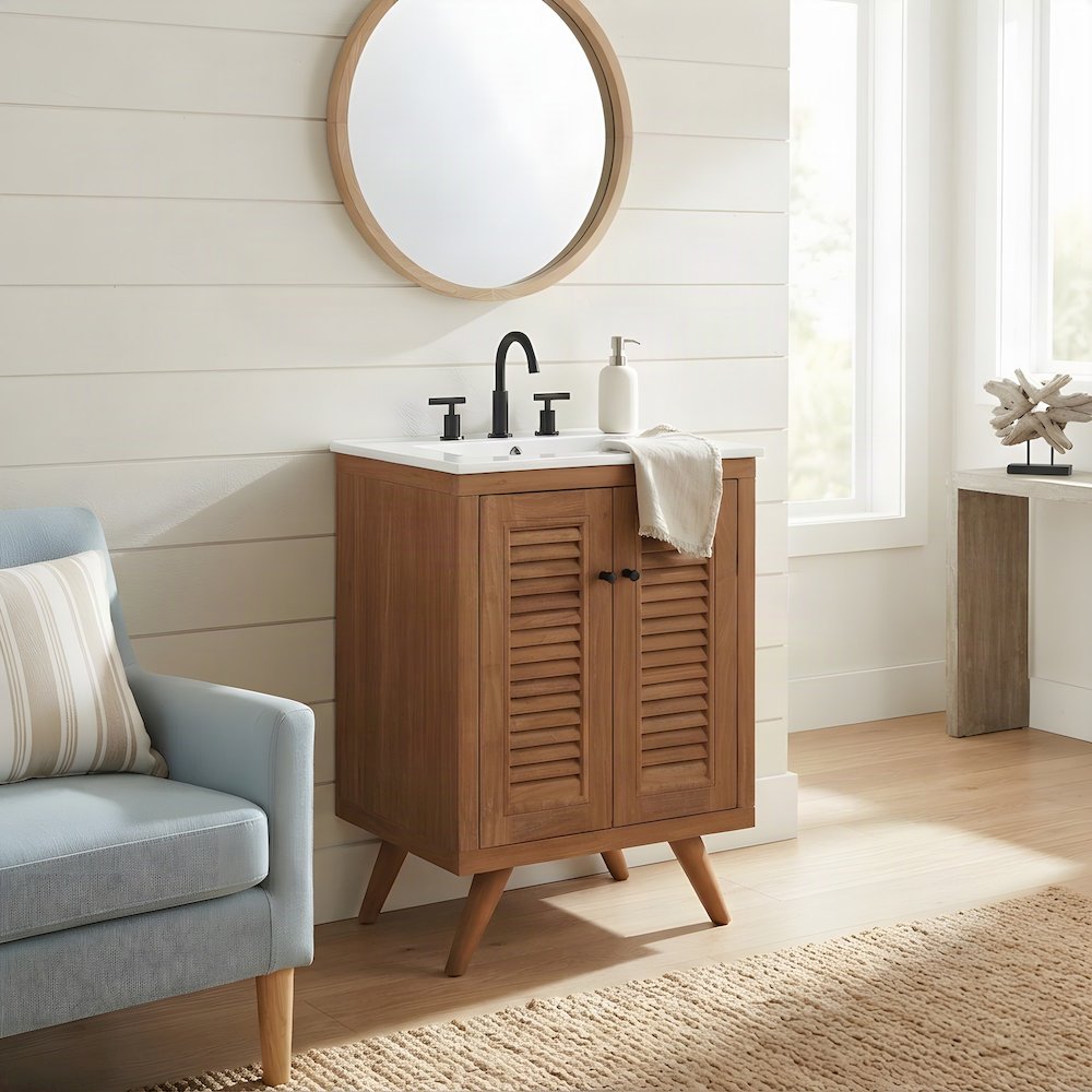 Teak Wood Bathroom Vanity Cabinet with Storage Doors, Sink Cabinet, Natural