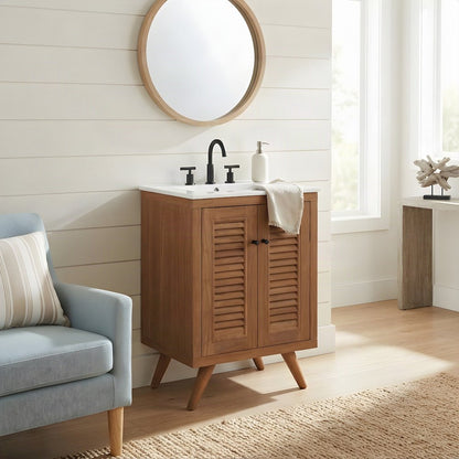 Teak Wood Bathroom Vanity Cabinet with Storage Doors, Sink Cabinet, Natural