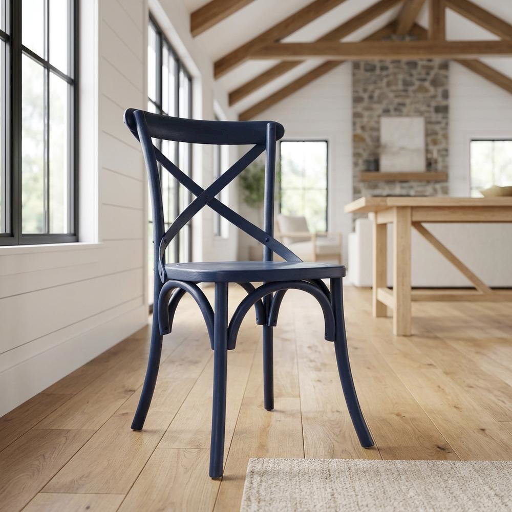 Solid Wood Dining Side Chair with Cushioned Seat for Dining Room, Midnight Blue